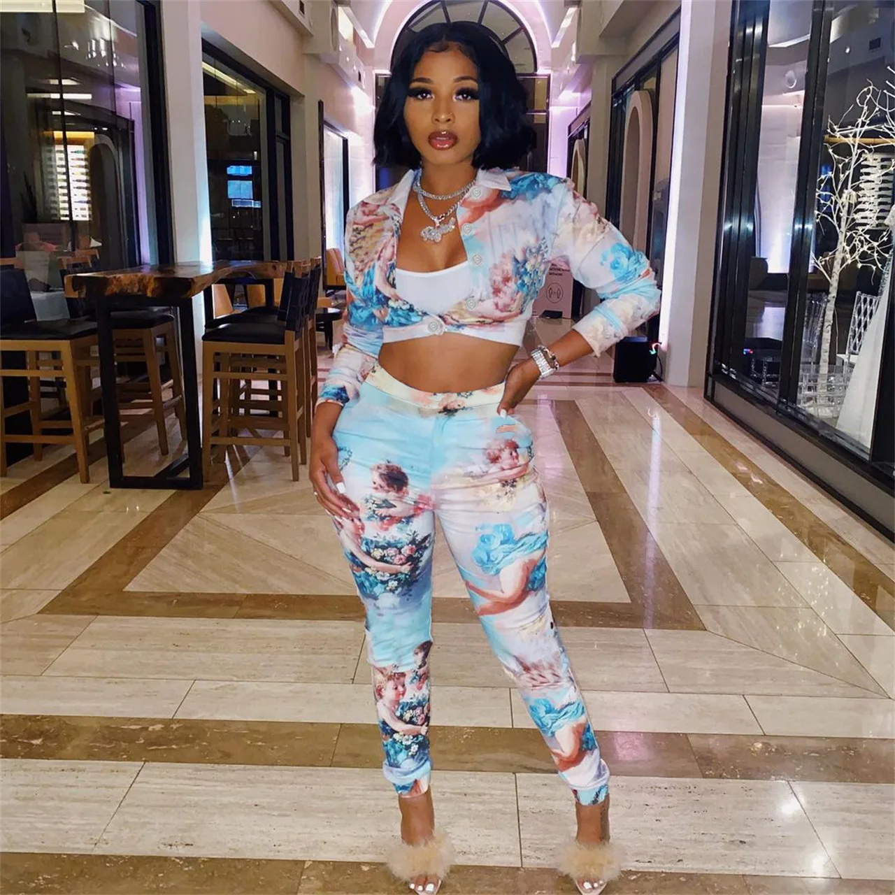 

Wholesale Two-piece Sets Printed Crop Top Lapel Shirt And Trousers Casual Fashion Sports Two-piece Suit, White gray blank brown