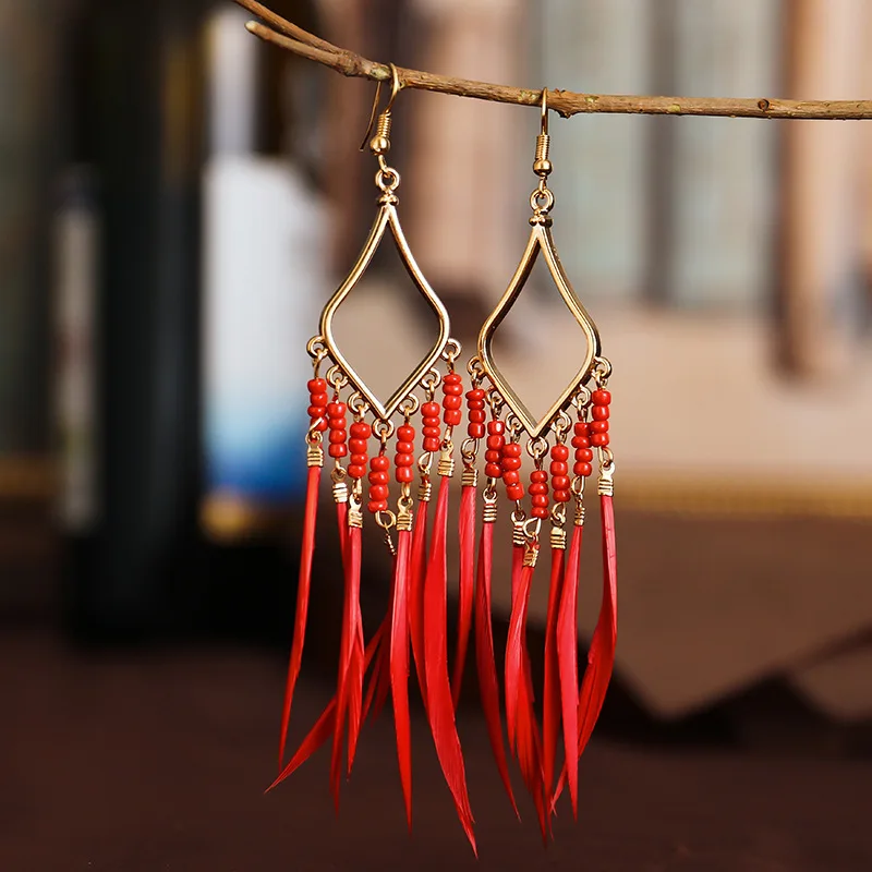 

2021 Women Geometric Alloy Long Tassel Dangle Bohemian Boho Jewelry Colorful Feather Earrings