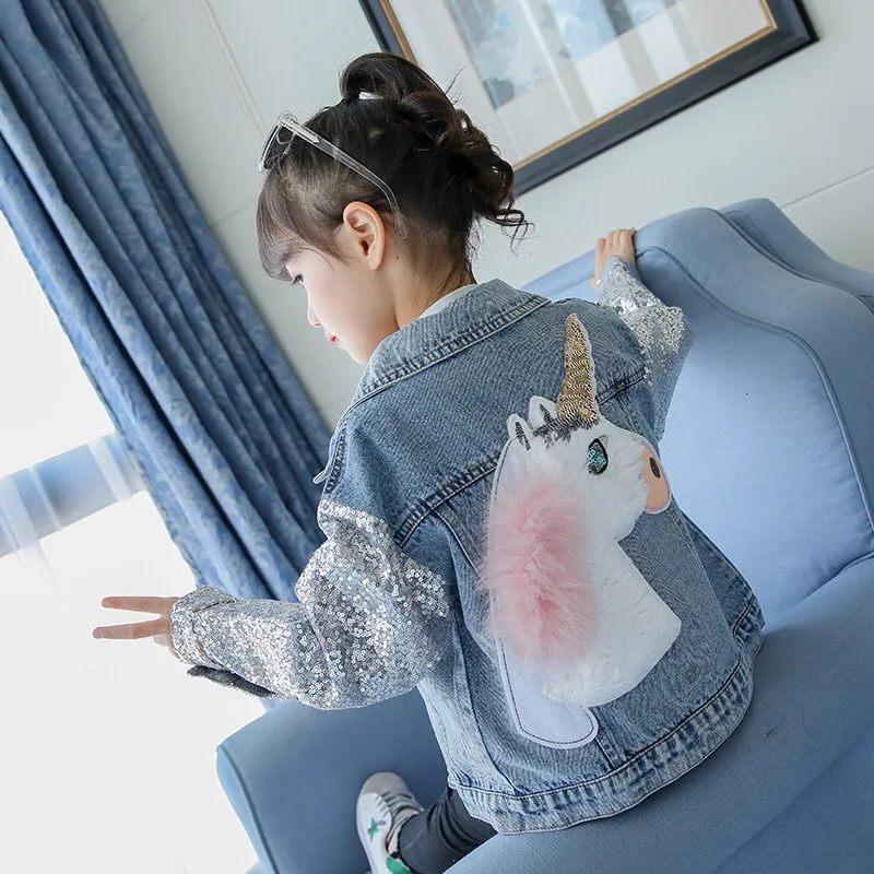 

fashion sweet spring autumn sequined unicorn printed collar casual girl denim jacket coat, Picture