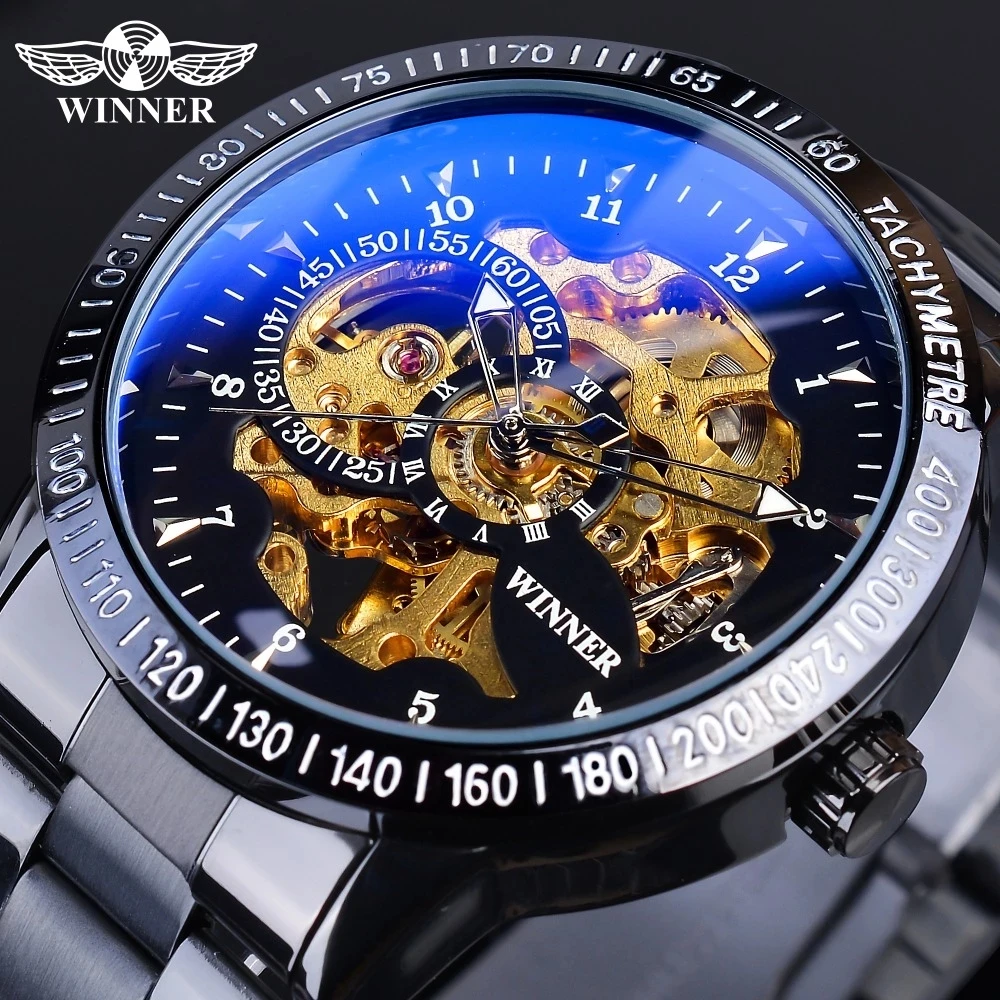 

Winner Men Steampunk Black Golden Skeleton Clock Sport Men Mechanical Watches Top Brand Luxury Relogio Masculino Luminous Hands, 8-colors