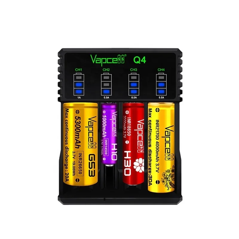 

wholesale vapcell Q4 charger total 2A max 4slot USB charger for 10340/10440/14500/16340...26650/21700 li-ion batteries charger