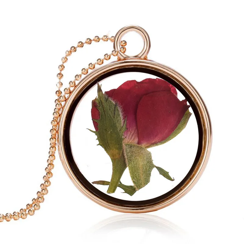 

Romantic Gold Plated Round Bottle Pendant Necklace Trendy Golden Natural Glass Dried Rose Flower Necklace For Valentine's Day