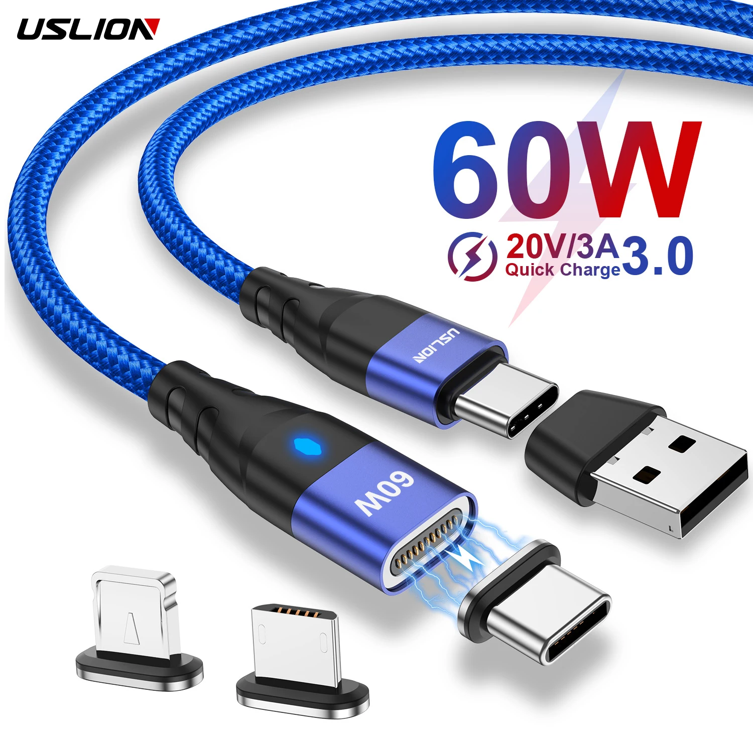 

USLION Drop Shipping 2M 6 IN 1 USB Type C PD 60W Magnetic Cable Charger Mobile Phone 3 IN 1 Micro USB Data Cables for iphone 13, Black blue purple red (oem color contact seller)