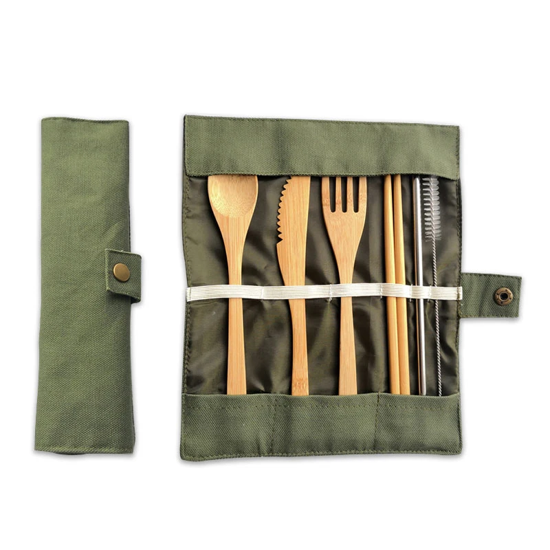 

Custom Portable Reusable Eco Friendly Camping Wooden Bamboo Utensils Travel Cutlery Set, Natural