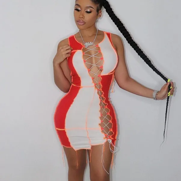 

X02671C Sexy Patchwork Bandage Dress Summer Clothes for Women Hollow Out Dresses Birthday Outfit Bodycon Night Club Mini Dress, Black