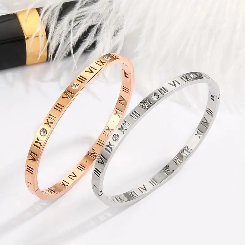 

Fashion Roman Numerals Letter Diamond Buckle Bracelet Net Celebrity Same Creative Buckle Titanium Steel Bangle, Accept customer