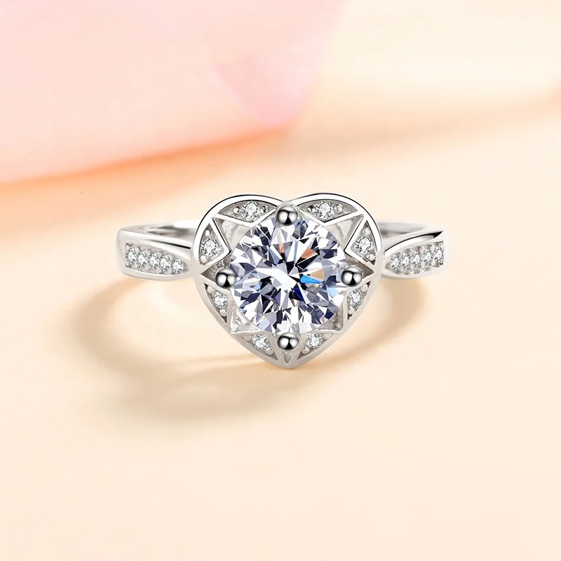 

New design heart shape 925 sterling silver ring female 1 carat 6.5mm moissanite wish proposal ring