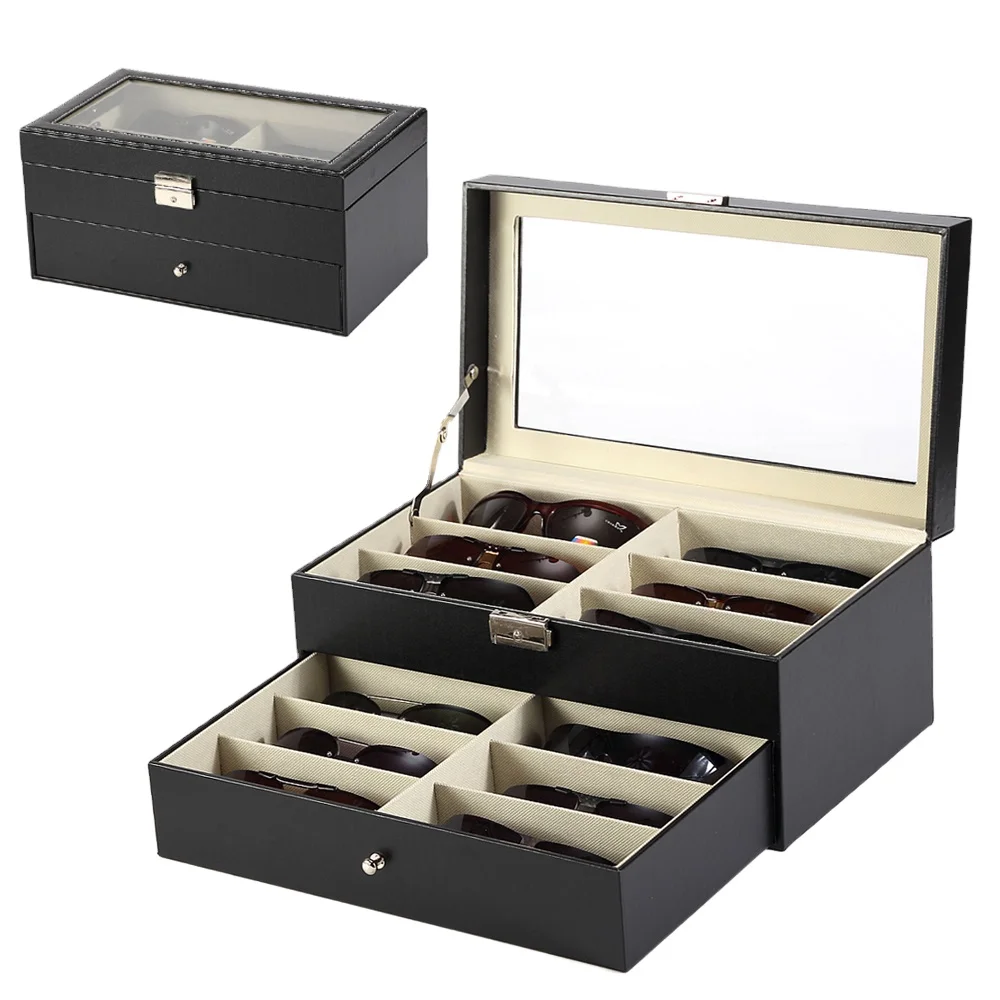

High Quality Cheap Double Layer 12 Slots Hinged Black Leather Eyewear Sunglasses Storage Case Box With Drawer