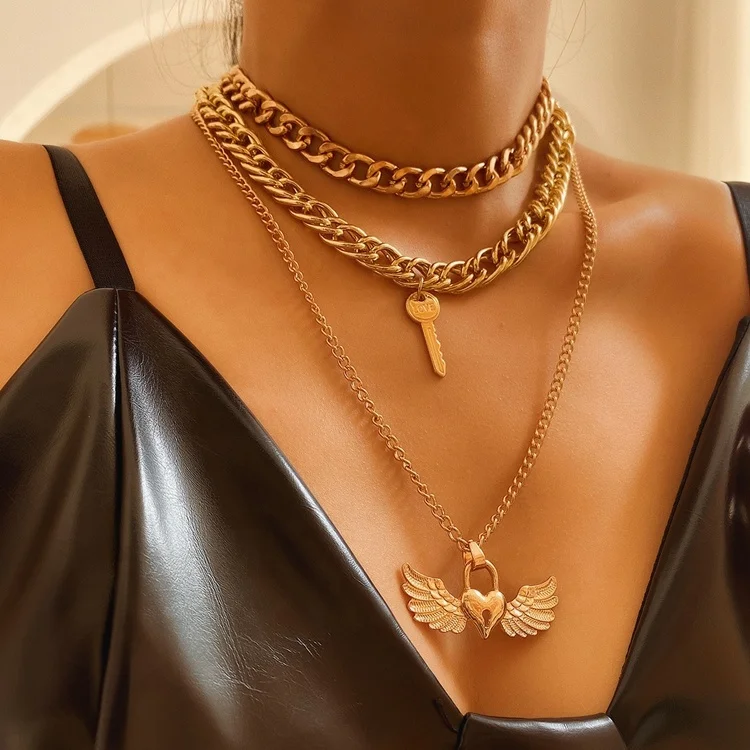 

Punk Multilayer Curb Cuban Chunky Chain Necklace Choker Jewelry Gold Wings Heart Lock Necklace Pendant, Gold color