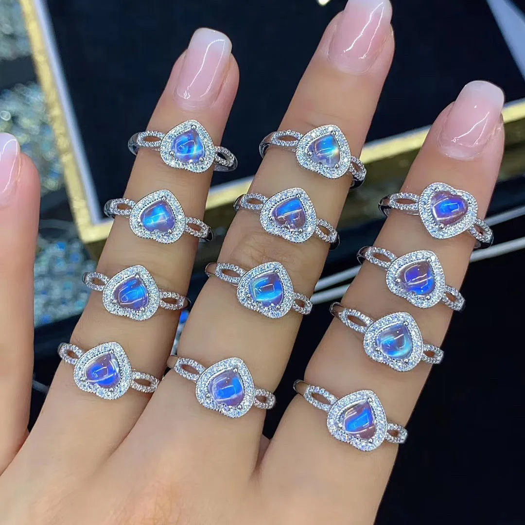 

Hot Selling Solid 925 Sterling Silver Rainbow Moonstone Heart Ring Engagement Wedding Jewelry/natural moonstone ring