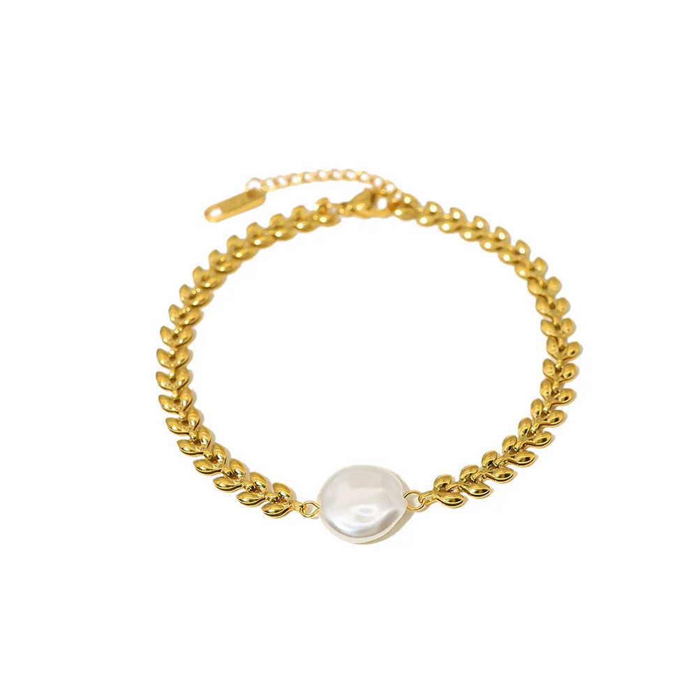 

Women's Daily Versatile 18K Real Gold Freshwater Baroque Pearl Wheat Ear Chain Stainless Steel Waterproof Bracelet