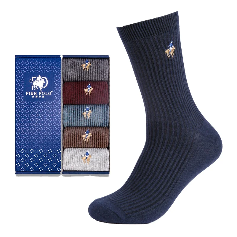 

Custom embroidery logo cotton plain dress business work men pier polo socks with box package, Custom color