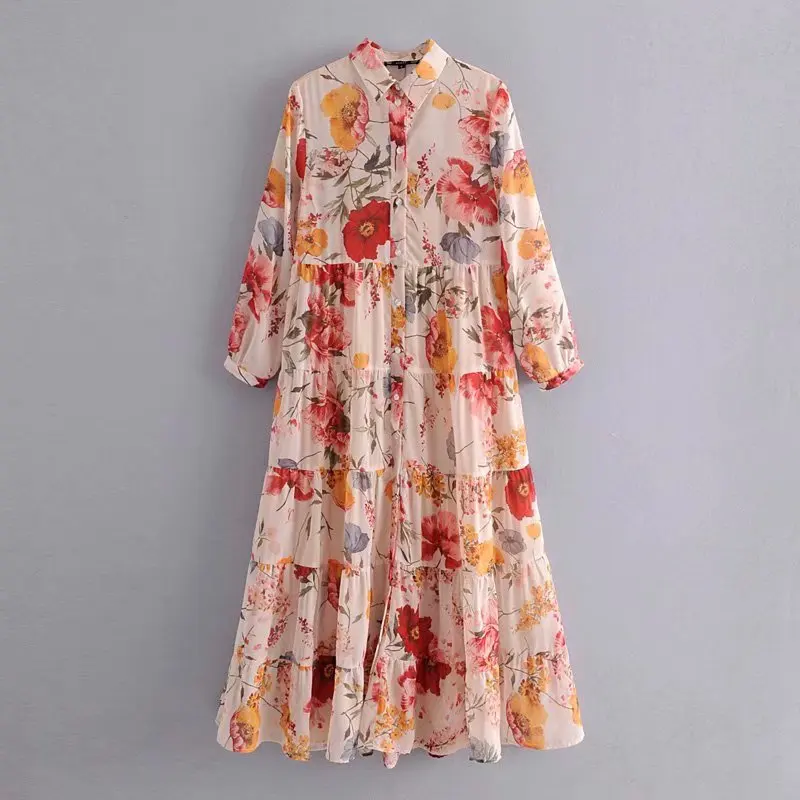 

Loose plus size Multi floral print nine quarter sleeve ladies summer casual elegant shirt dress