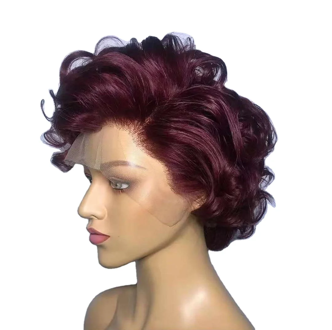 

Short pixie cut human hair lace front wig burgundy color curly pixie wig