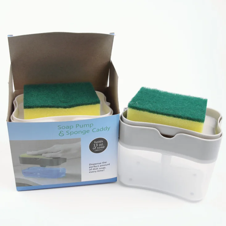 

2021 hot sale Creative kitchen cleaning supplies Sponge brush holder Dishwashing liquid box Push type soap dispenser, Green+yellow