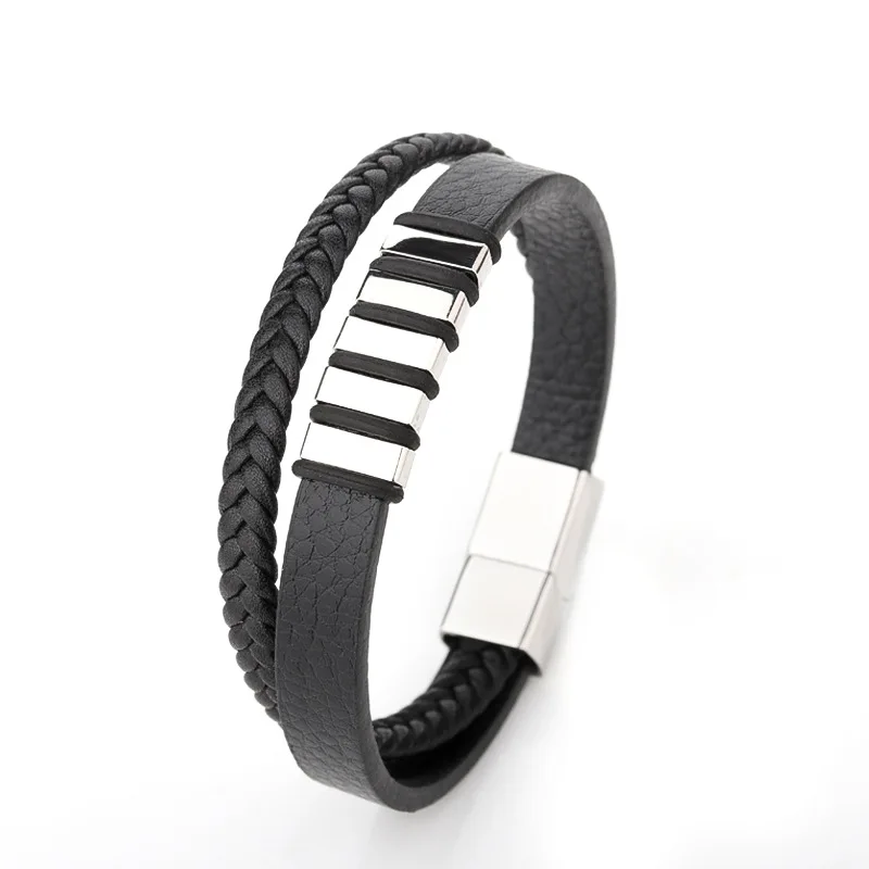 

Stress Relif Magnetic Buckle Stainless Steel Leather Cuff Bracelet Double Layers Leather Braided Bracelet For Men