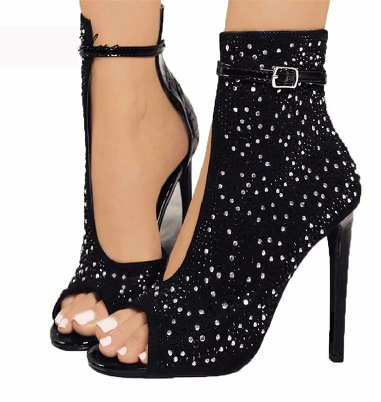 

Over size Thin High Heel Ankle Buckle Strap Crystal Chunky Party Dress Wedding ladies shoes sandals heel, Black