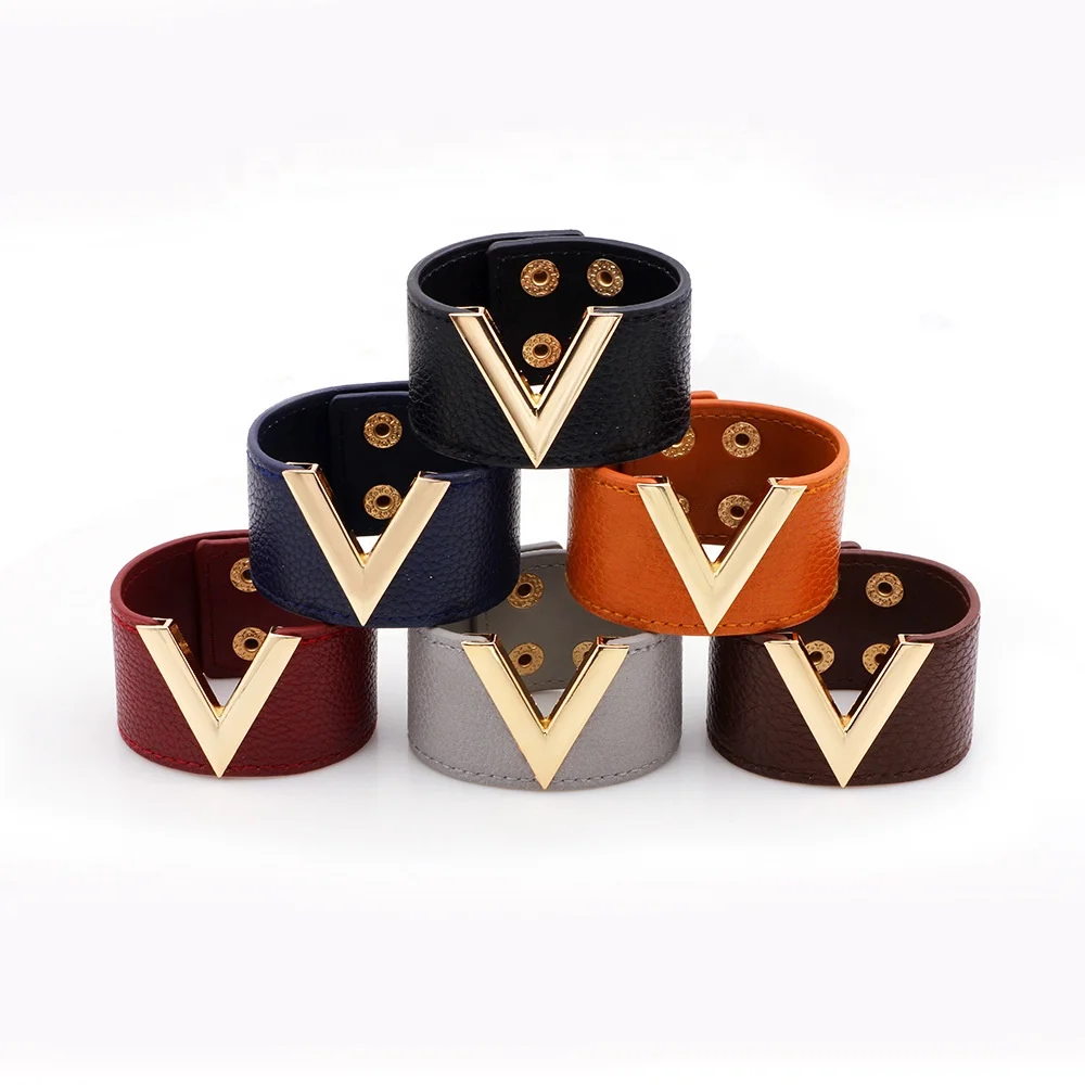 

New trendy European and American Fashion wide leather bracelet V-Letter romantic bracelet