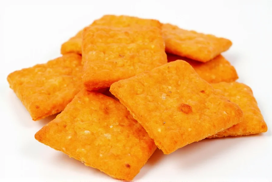 Close-up photo of Pepper Jack Cheez Its crackers showing their distinctive orange color and square shape on a white background