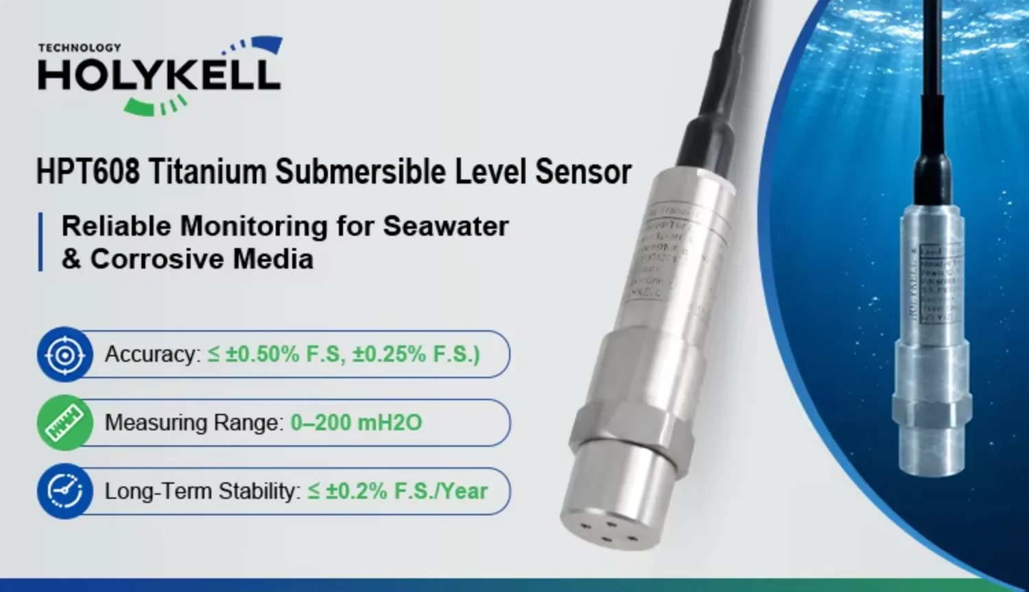 Holykell Titanium Alloy Submersible Level Sensor 4 20ma Rs485 for Sea Water Marine Ship Ballast Tank Monitoring System