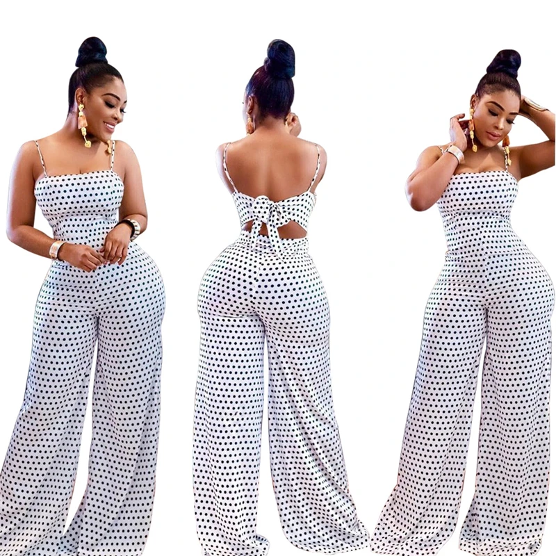 

summer one piece jumpsuit for women sleeveless casual white dots jumpsuit loose long trouser jumpsuits wholesale, Picture color jumpsuit