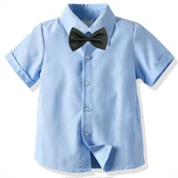 

KYO Gentleman Boys Blue Short Sleeve Shirt And Suspender Pants 2Pcs Sets Baby Party Dress Suit