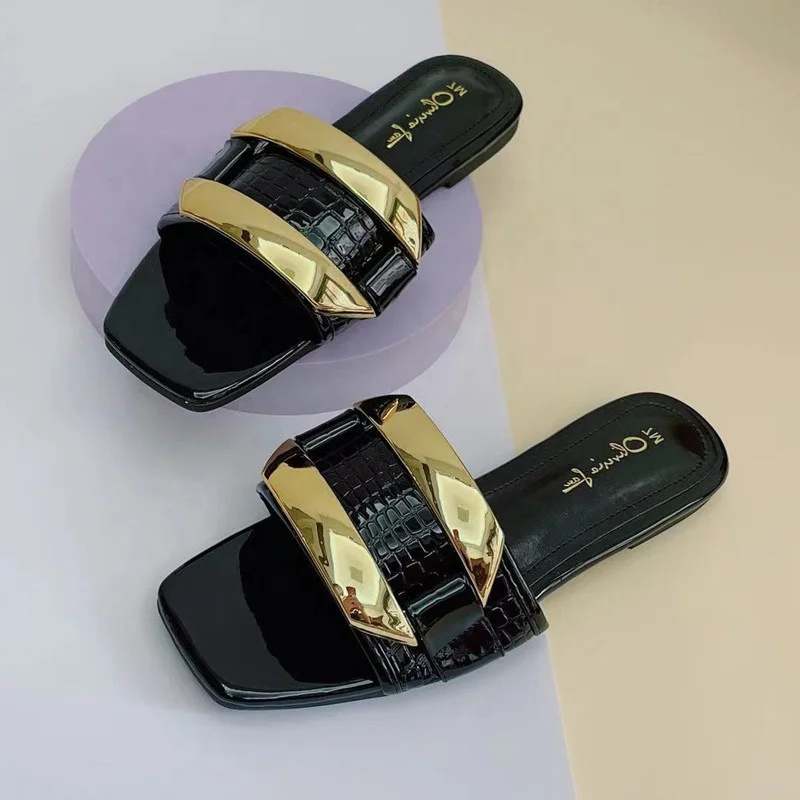 

Modern Style Graceful Fancy Cute Women Summer Slides Shoes Outdoor Comfort Flat Square Toe Metal Decorate Slippers Shoes, Black white apricot wine red brown