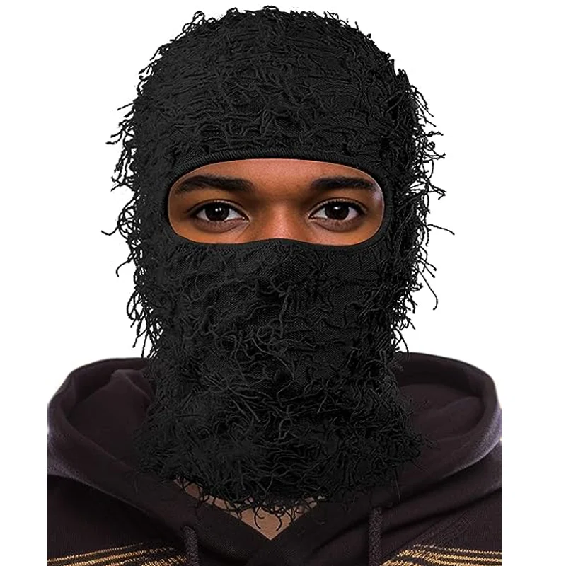 

Ready to Ship Black Distressed Balaclava Ski Mask Full Face Knitted Balaclava Shiesty Mask Windproof Fuzzy Ski Mask for Winter