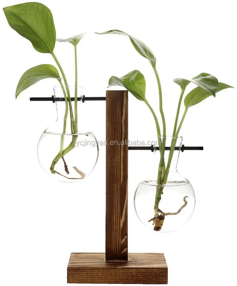 

Clear Glass Planter Bulb Vase with Retro Solid Wooden Stand and Metal Swivel Holder for Hydroponics Plants Home Garden Wedding