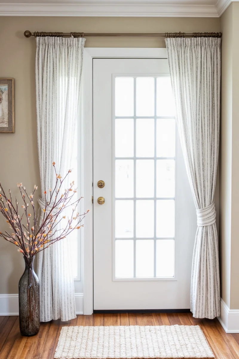 Rustic wooden rod with gingham curtains on front door