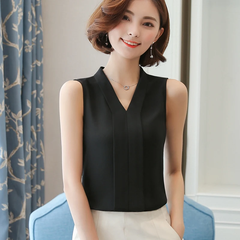 

Womens Tops and Blouses Chiffon Lady Blouses Summer Sleeveless White V-Neck Office Lady Shirts Korean Fashion Clothing Plus Size