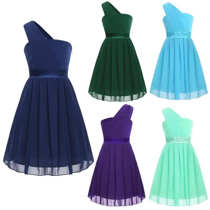 

Low Price Gown Prom Chiffon One-shoulder Princess Wedding Bridesmaid Birthday Party Wear Dresses For Girls