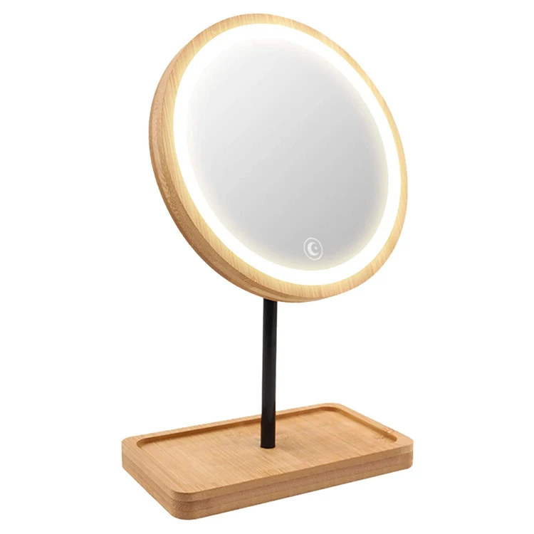 

Kingworth Espejo Usb Led Lighted Tabletop Vanity Round Bamboo Wooden Makeup Mirror, Customized color