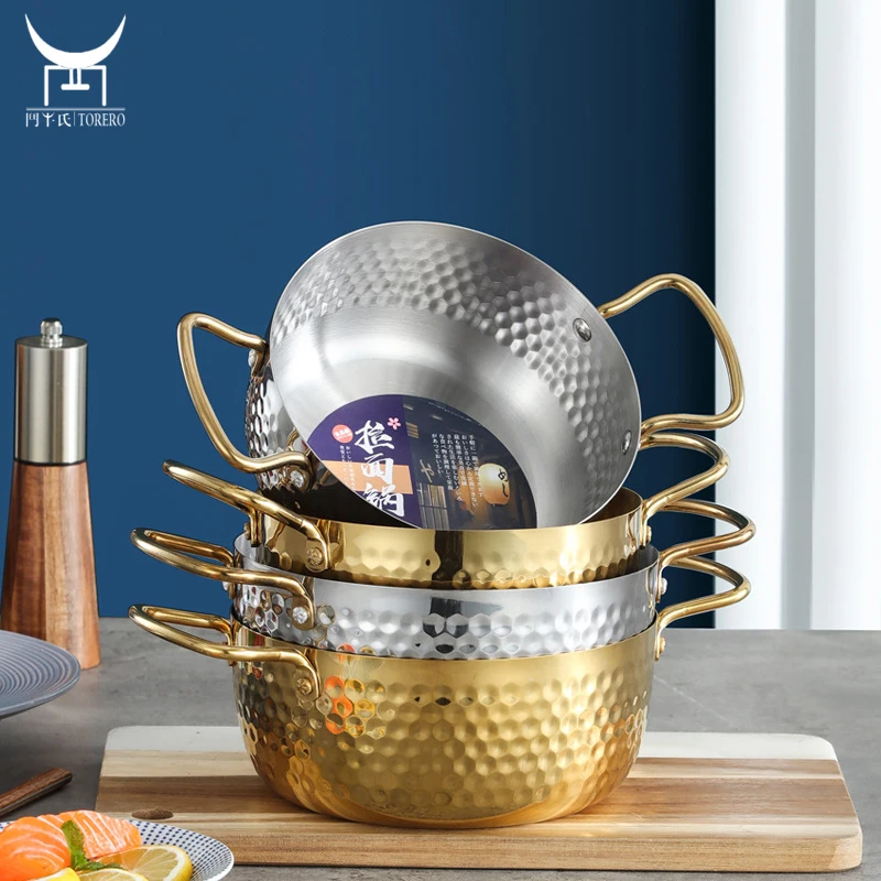 

Stainless steel korean ramen pot gold cooking pot set with double handles and visible lid for noodles soup