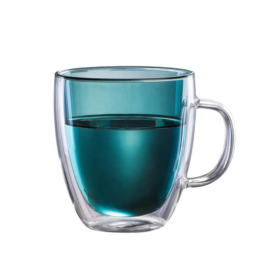 

Manufacturer Low Price 450ml High Borosilicate Amber Blue Color Double Wall Glass Coffee Drink Cup With Handle, Clear