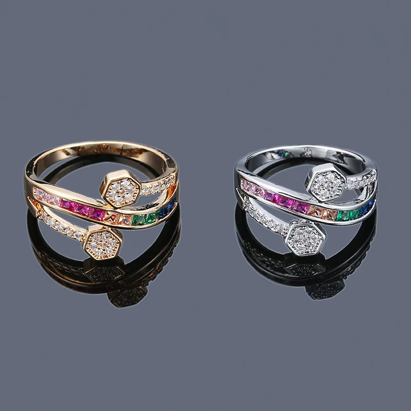 

Wholesale Real Gold Plated Exquisite Rainbow CZ Zirconia Ring Geometric Iced Out Crystal Ring For Women