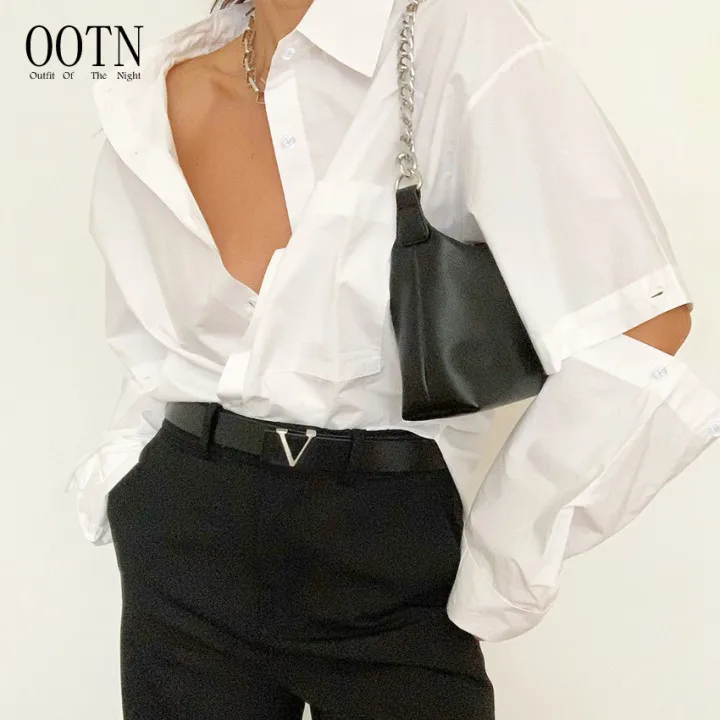 

OOTN Women Detachable Long Sleeve Chic Cotton Blouse Ladies Long Shirts Lapel Spring 2021 Classic White Oversized Shirts