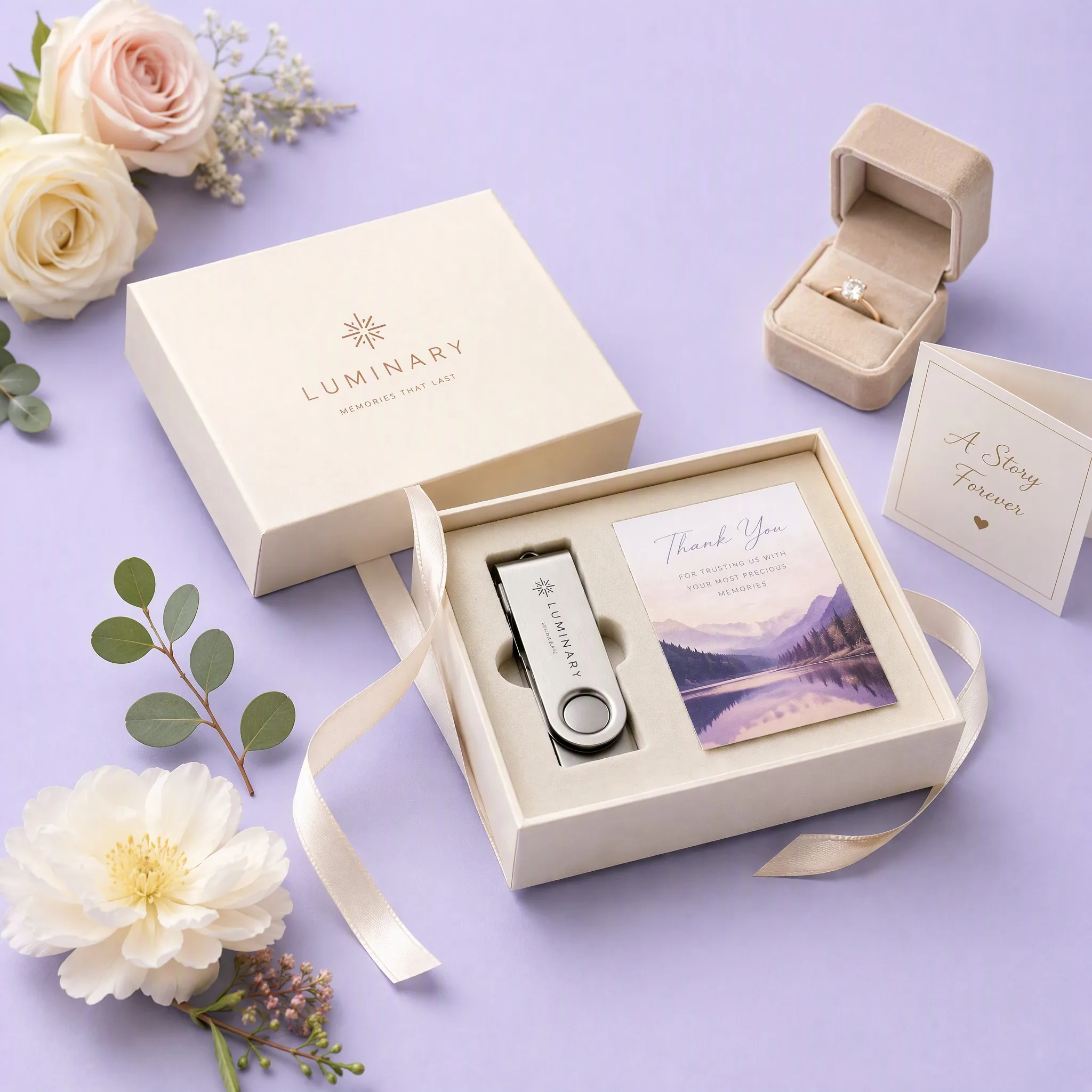 Romantic Wedding Photo Keepsake Scene with Velvet Ring Box, Diamond Ring, Rose Flowers, Wedding Card, and Ivory USB Gift Box