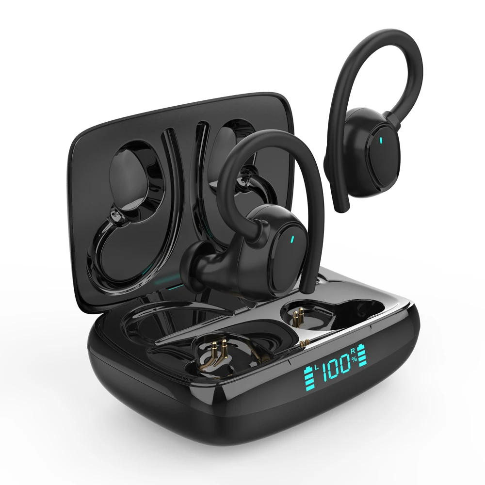

2021 LED Display Headphones Ear Hook Wireless Sports Running Earphone OEM Logo Bluetooth 5.1 TWS Waterproof Ear Hook Earbuds