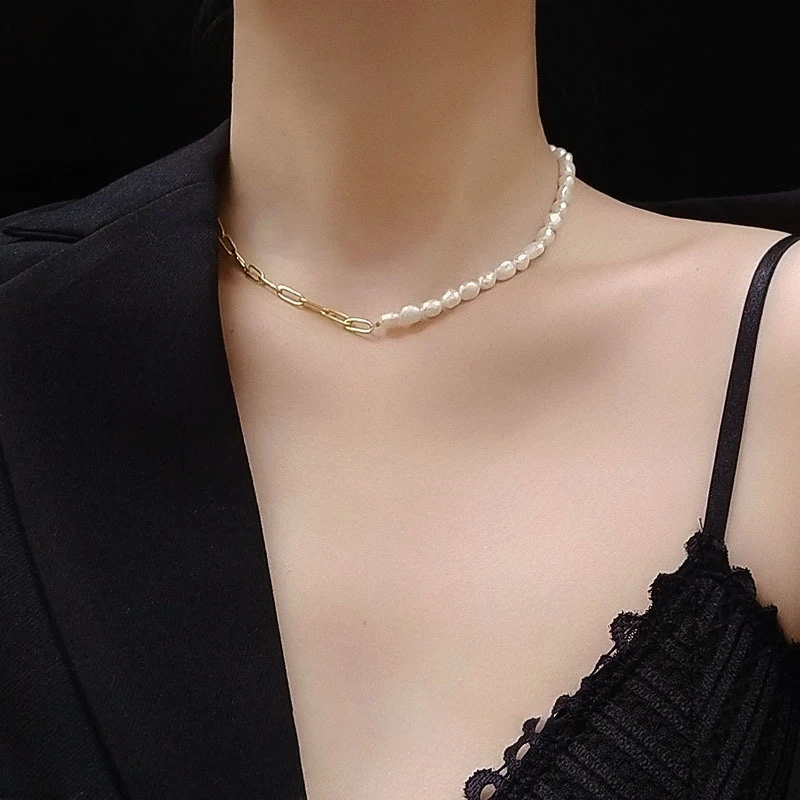 

Irregular Chain Choker Titanium Steel Necklace Freshwater Pearl Necklace 18K Gold Plated Necklace