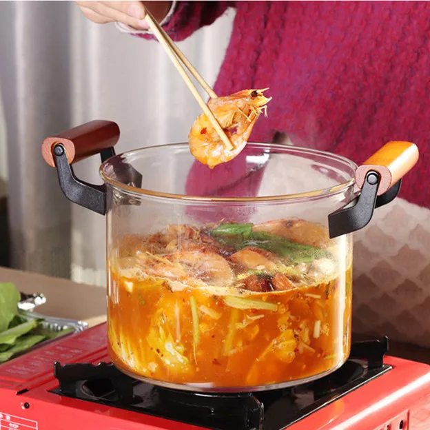 

New Design Borosilicate Clear Glass Cooking Pot Cookware Set With Wooden Handles