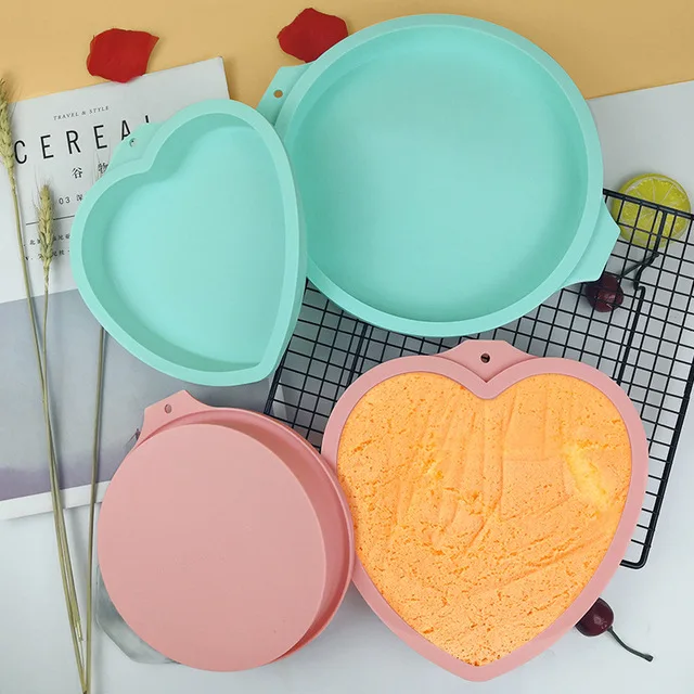 

No Stick Baking Tools Toast Bread Pan Heart Shape Layered Cake Mold Big Silicone Cake Trays Mold, Pink,green