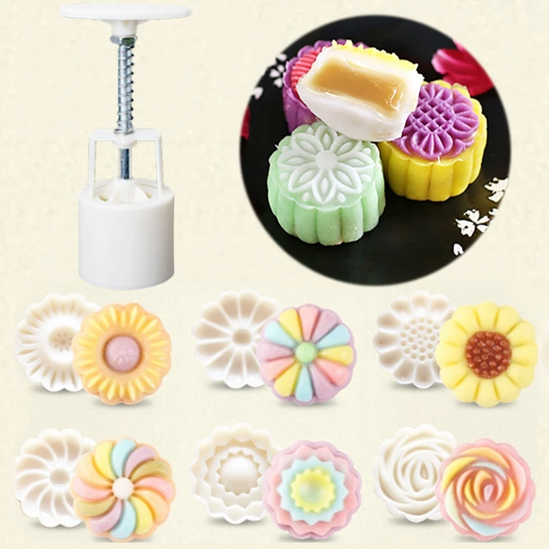 

6 Style Flower Shaped Mooncake Mold Hand Pressure Fondant Moon Cake Decorating Tools Cookie Cutter Pastry Baking Tool