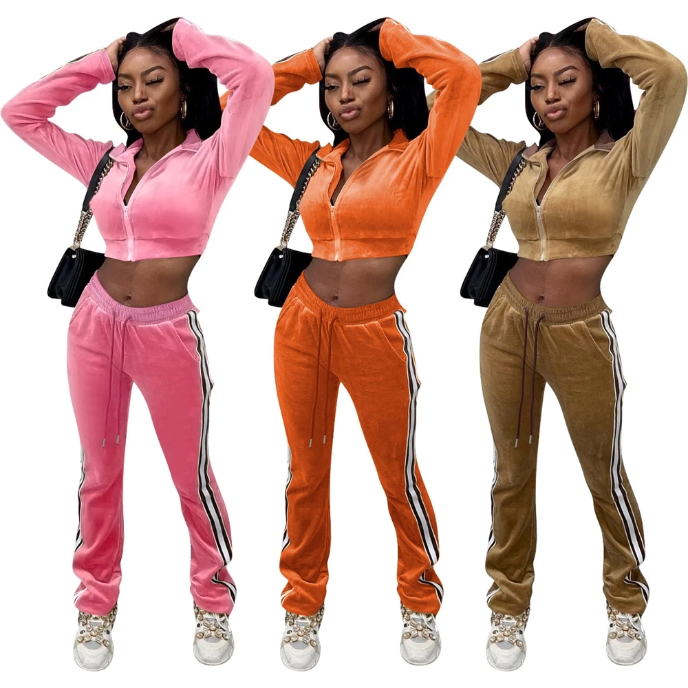 

MD-20092708 2022 Women Velour XS-XXL Crop Jacket Hoodie Jogger Tracksuit Velvet Jogging Suit Women 2 Piece Tracksuit Pants Set