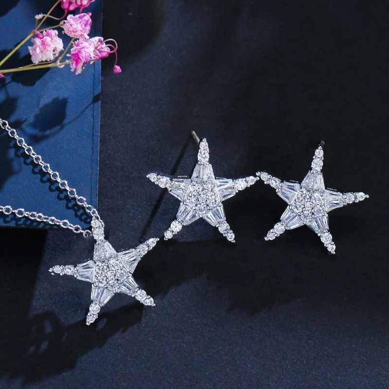 

Fashion Brand Ladies Jewelry Cubic Zircon Stone Star Earrings Necklace Pendant Sets for Women Christmas Gift, Customized color
