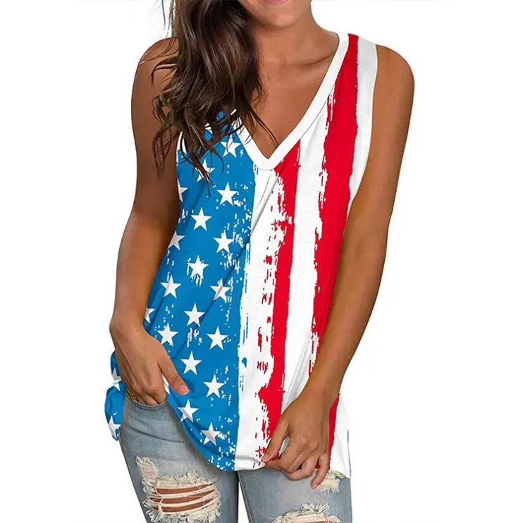 

PEARL Flag Printed Sleeveless Multi Color Crew Neck Tank Woman Tops Fashionable Fashion Women Clothing