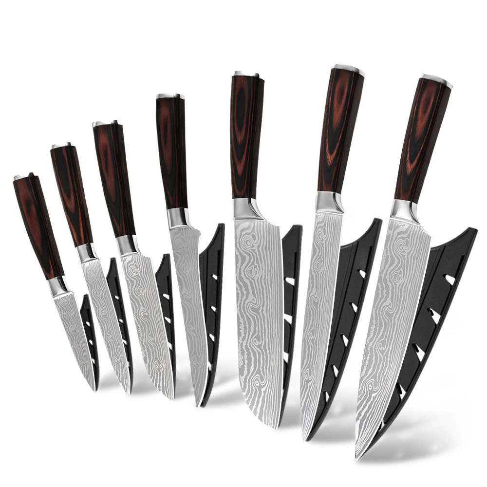 

Professional super sharp 7Cr17mov high carbon stainless steel wood handle craft laser stainless kitchen knives 7pcs knife set