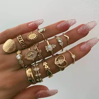 

Vintage ring set beauty head gold coin cross pattern inlaid diamond heart finger ring 15pcs/set