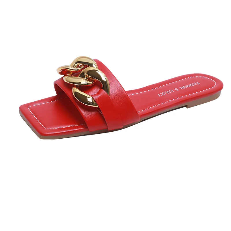 

2021girls summer slipperslippers for womenMetal chain flat with sandals, Picture