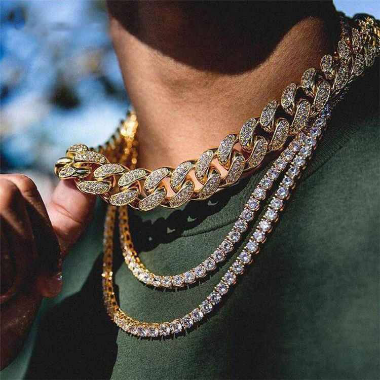 

Hip Hop 20mm Gold Silver Plated Miami Cuban Chain Diamond Necklace Bracelet Cuban Link Chain Men, Gold silver pink